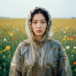 a closeup portrait of a woman wearing a cloak made of plastic and mud, in an infinite landscape of flowers, photograph by john currin, canon eos c 3 0 0, ƒ 1. 8, 3 5 mm, 8 k, medium - format print