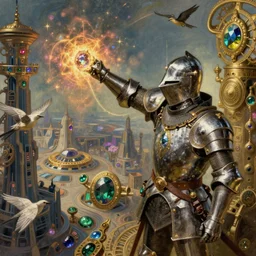 hyper realistic knight casting a spell, refined details, denoised, birds eye view, magical, gems, jewels, gold, steampunk, cyberpunk utopia, painted by tom bagshaw, mucha, gaston bussiere, craig mullins, j. c. leyendecker 8 k