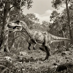 hyper realistic vintage photograph of a real scientifically accurate dinosaur in a forest, ultra detailed, grain, old, monochrome, sepia toned, realistic lighting, wide angle, prehistoric planet, jurassic park