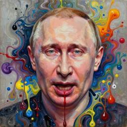 an intricate oil painting screaming vladimir putin's face with blood drops portrait painting of a beautifull woman portrait surounded by hiper detailed inkdrop in water, melting ukranian colorfull wax, fluid acrilic art, colorfull, excelent composition, by tatchiana michaela
