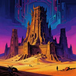 the last tower in an ancient desert looms over the small people who dwell outside of it's shaded walls. an image of the future ever receding from the clutches of greed. vivid neon art deco romanticism landscape, epic grimdark fantasy composition. harsh linework. by dan mumford, by thomas cole
