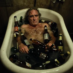 the top shot of depressive old wrinkled drunkard ( ( joaquin phoenix ) ) lying in old cast iron bath filled with many empty beer bottles in the water, cinematography of christopher doyle, dark old dirty room, anamorphic, kodak film, sharp focus, realistic, 8 k