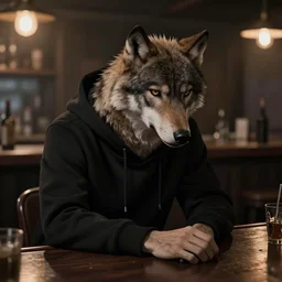 Wolf like a Human, dressed black hoodie, sitting at the bar, light falls on him, sad mood, digital art, artstation, high quality, detailed