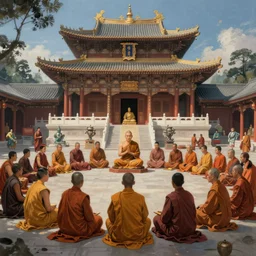 a mysterious gathering of monks at the great temple of rime and reason, matte painting by greg rudowski, trending on artstation