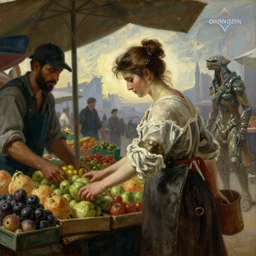 a detailed portrait of a woman at a market place buying fruit from a merchant, dying light 2 combined with horizon zero dawn 2, painting by gaston bussiere, craig mullins, j. c. leyendecker