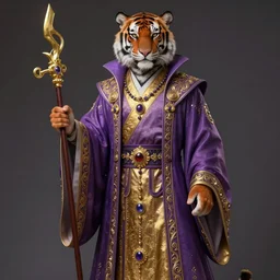 beautiful fantasy character portrait, male wizard, anthropomorphic tiger, dressed in fluent long jeweled oriental clothes, gradient purple to gold, hyper realistic, highly detailed by peter mohrbacher, wayne barlowe, boris vallejo, paolo eleuteri serpieri