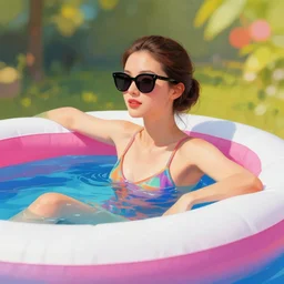 an elegant woman with sunglasses in an inflatable pool, vivid colors, bokeh, medium shot, painted by rossdraws, greg rutkowski, thomas kindkade