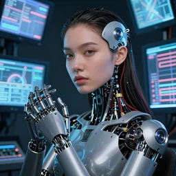 beauty woman, robotic and wiring, surrounded by led monitors, very detailed, dramatic lighting, detailed mechanical hands, electrical details, high details, 4k, 8k, trending on artstation, by Hajime Sorayama and Boris Vallejo
