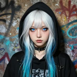 highly detailed portrait of a sewer punk lady student, blue eyes, hoodie, white hair by atey ghailan, by greg rutkowski, by greg tocchini, by james gilleard, by joe fenton, by kaethe butcher, gradient blue, black, brown and cyan color scheme, grunge aesthetic!!! ( ( graffiti tag wall background ) )