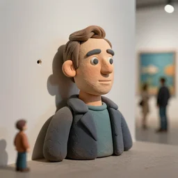 plasticine model of stop motion figures clay. minimal. tilt shift. fish gallery. visitors. photorealistic. john craxton. small hole in wall