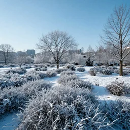 a winter landscape with shrubs and trees on a clear day, in cyberpunk style