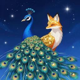 image from an anime of an ethereal colorful blue starry night hybrid of a peacock and fox, accented in bright metallic gold, wearing star filled magic imbued mage robes, background art by yuji ikehata and satoshi kon, art by miyazaki and akino matsuri, realism, proper human proportions, fully clothed, vhs