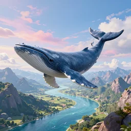 a high quality, octane render, a huge whale, that has tiny small little fairy wings, the whale is flying over a landscape, the landscape consists of huge long mountains, with vibrant sky, vibrant water river, fully detailed, high quality, matte painting finish, trending on artstation, trending on deviant art, octane render, volumetric lightening, 3 d