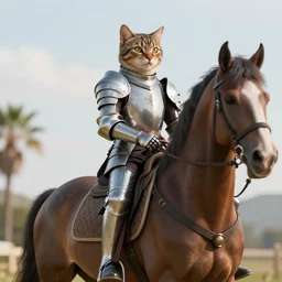 cat knight in armor sitting on a horse, not a blur, unreal engine, 4k,