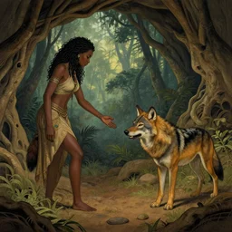 hyper realistic and coherent view of cave interior showing a female african wolf saying good bye to male african wolf leaving the cave in the evening in an african rainforest, by artgerm, alphonse mucha, marquet albert, craig mullins, fantasy, coherent, intricate, beautifully detailed, digital painting, concept art, line art, artstation, sharp focus, slight depth of field, illustration