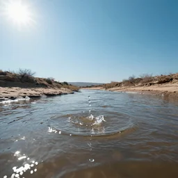last drop of a river evaporating in slow motion, blue sunny sky, desolate land, hyper detailed photorealistic