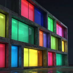brutalist architecture with walls made of vividly colourful glowing glass and dark concrete windows, trending on artstation, unreal engine, 8 k