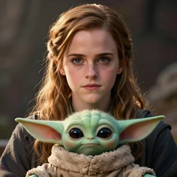 Emma Watson with Grogu, digital portrait by Greg Rutkowski, intricate, sharp focus, cinematic, epic, artstation