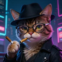 portrait of furry detecive in the neon noir cyberpunk city furry anthropomorphic cute cat, cat in glasses and with cigare, in black hat, epic portrait illustration, darek zabrocki, noah bradley, artstation, photorealistic close - up portrait, detailed illustration portrait, incredible details, disney stylized furry, dark cyberpunk illustration