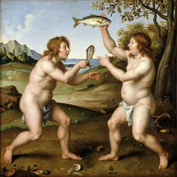 fish with human arms and legs, food fight scene. renaissance painting - n 6