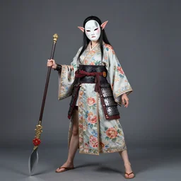 full - bodied portrait, female changeling in floral - patterned eastern light armor, wielding a decorated halberd, barefoot in sandals, noh theatre mask, mischievous, capricious, energetic, provocative, seductive, realistic proportions, reasonable fantasy, many colors, detailed, in the style of ghostblade, wlop.