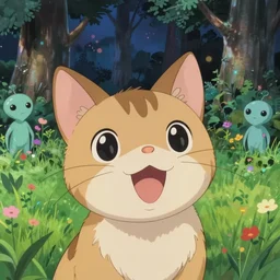 anime fine details portrait of joyful cute cat, aliens vivid, nature trees, meadows at night, bokeh, close-up, anime masterpiece by Studio Ghibli. 8k, sharp high quality classic anime from 1990 in style of Hayao Miyazaki