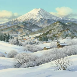 japanese mountains, winter, in the style of studio ghibli, j. c. leyendecker, greg rutkowski, artem