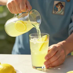 close up of a person pouring a glass of lemonade, sun shining, photo realistic illustration by greg rutkowski, thomas kindkade, alphonse mucha, loish, norman rockwell.