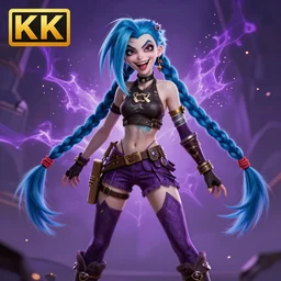 close portrait young ella purnell, hair blue two long braids, evil insane smiling laugh, particles explosion, high boots, short bridges with leggins and top, purple cloth, elegant intricate matte sharp focus 8 k, fantasy digital art, league of legends, a stylized portrait of jinx, arcane cartoon series