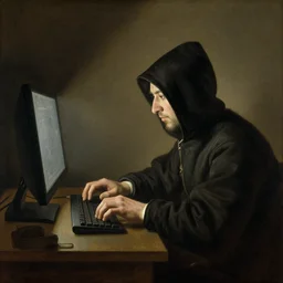 rembrandt painting of a hooded hacker working on a computer