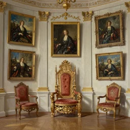 8k highly detailed oil matte painting by Charles Landelle of an art gallery wall with many oil paintings, decadent throne room, ornate furniture, ornate French architecture