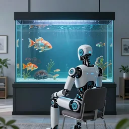 Stunning image taken from behind a futuristic humanoid robot sitting on a chair in a modern home facing a large glass tank filled with alien fauna fish, digital art
