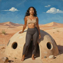 a dark-skinned beautiful woman under the desert sky, earthship, diego Rivera painting