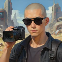 wide shot of a bald anime young man with matrix sunglasses holding a cinema camera in a martian city, scifi, detailed realistic face, photorealistic oil painting, digital art, by charlie bowater, by jeremy lipking, by makoto shinkai, octane render