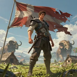 an intricate concept art, fantasy, man standing with a torn flag, field with asian shack, megafauna, low - angle, close up shot, ultra photorealistic, ultra sharp, artstation, cgsociety, masterpiece, anime colors, by ivan talavera, by wlop, octane render, 8 k