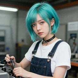 a beautiful androgynous punk girl with short turquoise hair who is a mechanic wearing overalls with a utility nag and holding a wrench, digital illustration, digital concept art, digital painting, decorative background, trending on artstation