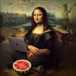 portrait of kanye west sitting under a tree on a hill holding a macbook - pro and wearing a vintage varsity jacket, a big crushed watermelon is lying on the ground next to him, a stunning oil painting by leonardo da vinci