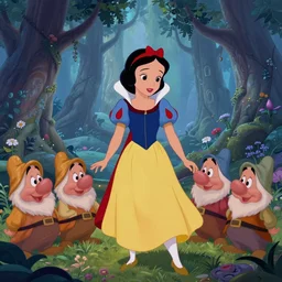 Screenshot from the coloured Disney animated motion picture released in 1937 Snow White and the Seven Dwarfs, beautiful enchanted forest full of