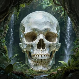 a matte painting of a giant crystal skull in an underground cave , overgrown jungle , waterfalls , gorgeous composition , trending on artstation , in the style of greg rutkowski