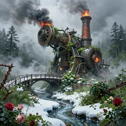 large mechanical device grinding down the truth and enslaving humanity, ornate, beautiful, atmosphere, vibe, mist, smoke, fire, chimney, rain, wet, pristine, puddles, melting, dripping, snow, creek, lush, ice, bridge, green, forest, roses, thorns, flowers, by stanley artgerm lau, greg rutkowski, thomas kindkade, alphonse mucha