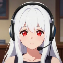 portrait of a cute girl, with red eyes!!!! and long white hair!!!! wearing a headset in her room interior, finely detailed cute face, anime art by ilya kuvshinov, kyoani, katsuhiro otomo, posterized, headshot, ambient lighting, cinematic still,