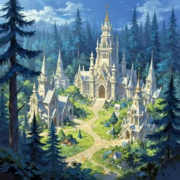 a grand elven village made of ivory deep in a magical blue spruce forest in the summer, anime, a fantasy digital painting by Greg Rutkowski and James Gurney, trending on Artstation, highly detailed