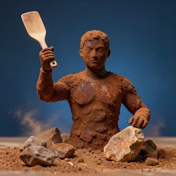 highly detailed photography of a men made of rust clay and fire, rocks, hand gesture, sharp focus, dust particles, dirt, dramatic scene, aesthetic, wood, dynamic lighting, elegant, harmony, masterpiece, by roberto ferri, blue background, high quality, spatula