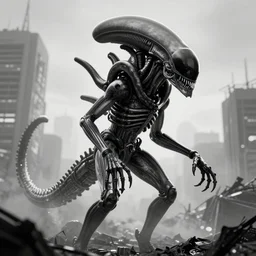 prometheus movie monster, xenomorph, highly detailed background, black and white, unkown city, haze,
