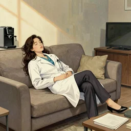 full character portrait of a beautiful actress as a doctor taking a nap in a cozy break room, on a couch, coffee machine, tv, sunbeam, an ultrafine hyperdetailed illustration by kim jung gi, irakli nadar, hanna moon, leslie zhang intricate linework, unreal engine, octane render, cinematic composition, wide shot, autochrome lumiere