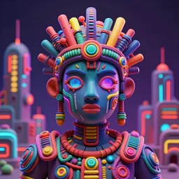 portrait of a glossy claymodel of a steampunk aztec futuristic city, top of the head is a crown made of wires and multicolored glowing tubes, eyes are multicolored led screen, 8 k, front shot, symetrical, flourescent colors, halluzinogenic, multicolored, insanely detailed, 3 d render, octane