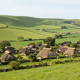 beautiful landscape of Rohan with rural thatch roof villages scattered throughout the countryside, in the style of J.R.R Tolkien