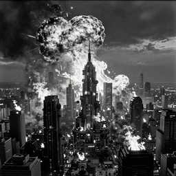 steampunk city skyline engulfed in flames, huge explosions everywhere, bird's eye view, cinematic wide shot, 35mm film, black and white photograph