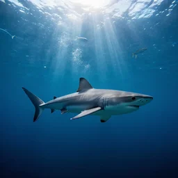 a shark underwater and fish swimming around, underwater light beams ,beautiful dynamic lighting, cinematic, wide angle establishing shot, extremely high detail, photo realistic, cinematic lighting, post processed, concept art, artstation, matte painting, style by frederic church, raphael lacoste, unreal engine 8k