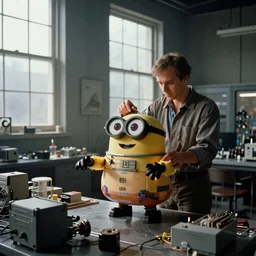 screenshot of a scene at a secret lab where a chappie is being built, 1990s psychological thriller by Stanely Kubrick film, color, anamorphic lenses, detailed, sunlit windows, moody cinematography, Axis X:0 Axis Y:0 Axis Z:0